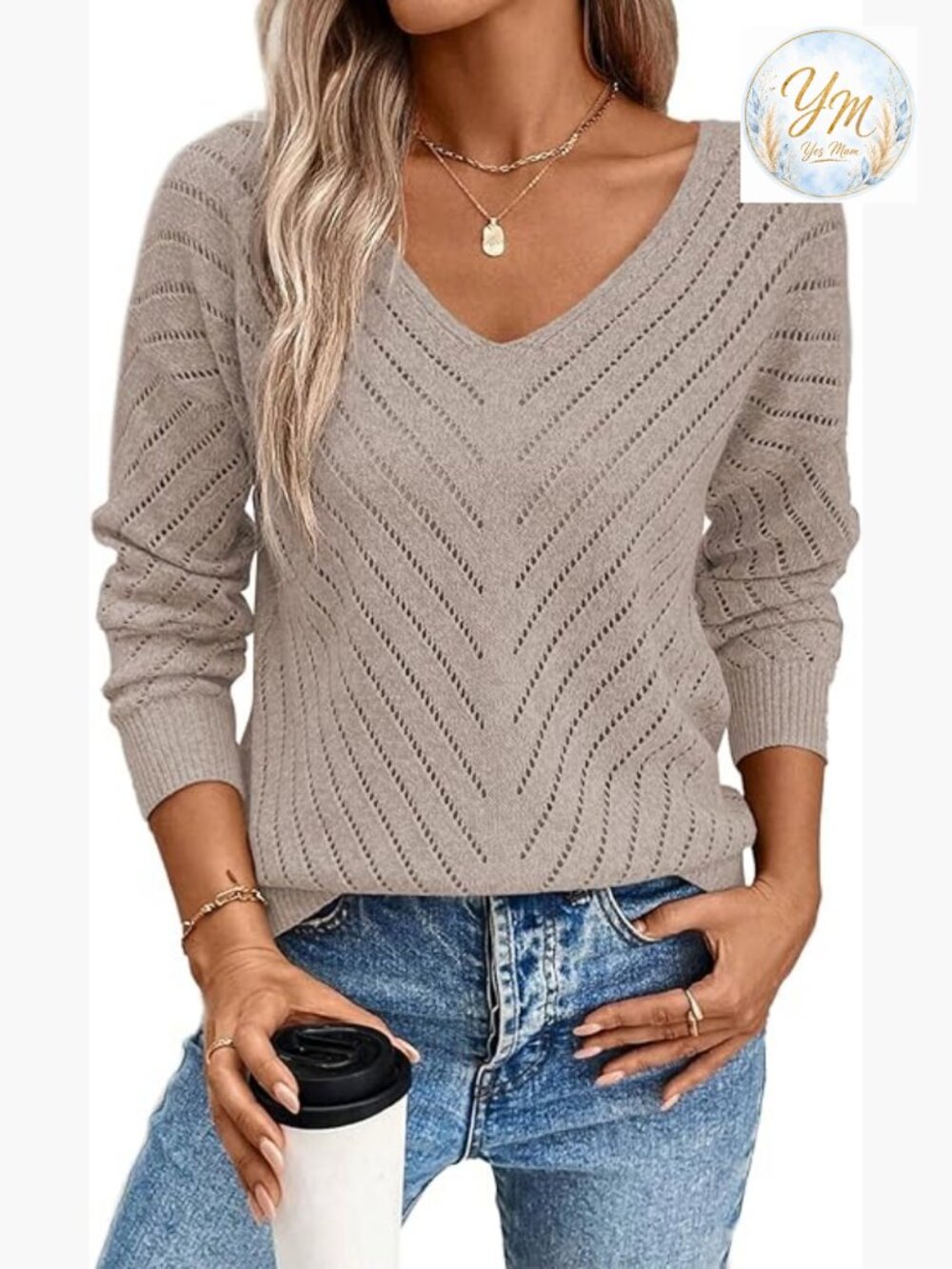 V-Neck Long Sleeve Hollow Out Knit Crochet Loose Fit Sweater